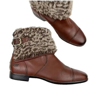 UGG Women's 8 INEZ Brown Leather Waterproof Shearling Ankle Boots Excellent